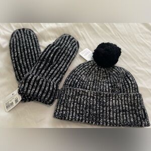LULULEMON Textured Fleece Lined Knit Beanie Black / White & Mittens M/L NEW NWT